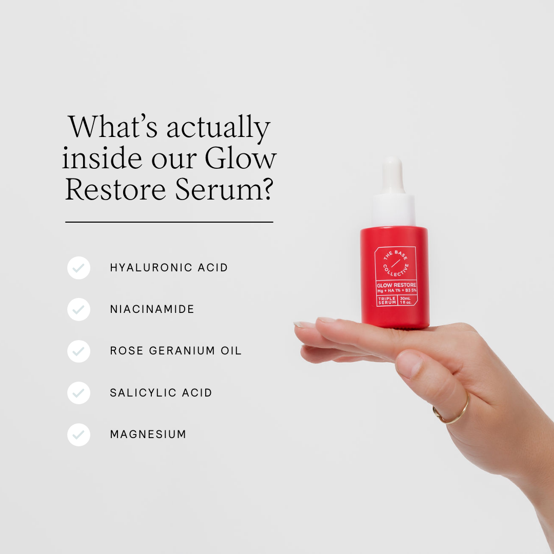 Glow Niacinamide Serum with Hyaluronic Acid and Magnesium by The Base Collective on hand with text describing benefits.