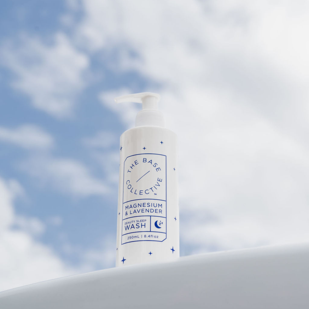 Magnesium Body Wash with Lavender and Chamomile, Beauty Sleep Wash by The Base Collective with cloud background