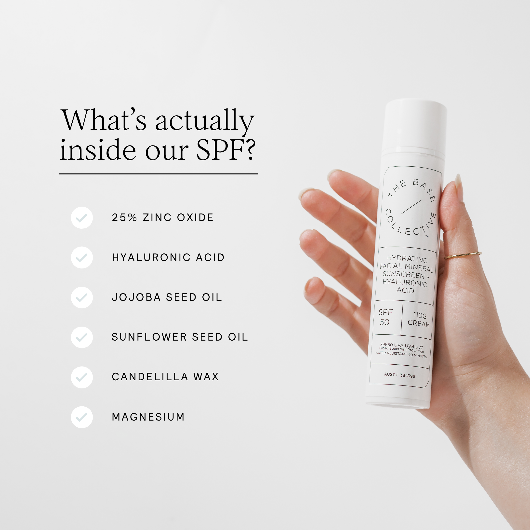 SPF50 Mineral Face Sunscreen in hand with ring on thumb with text explaining ingredients
