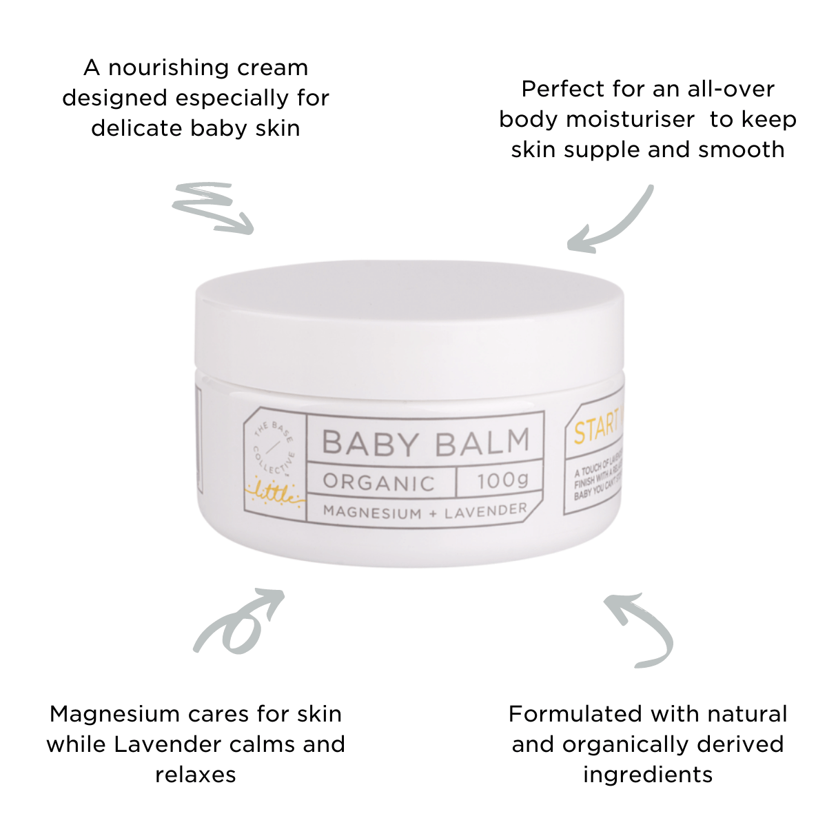 Magnesium for kids sleep balm by The Base Collective on white background with arrows pointing to tub with text describing benefits.