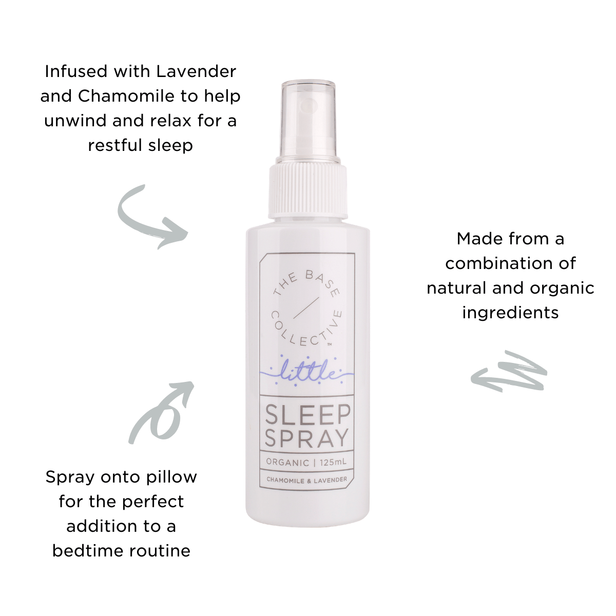 Lavender Sleep Spray, Little by The Base Collective on white background with arrows pointing to product with text describing benefits.