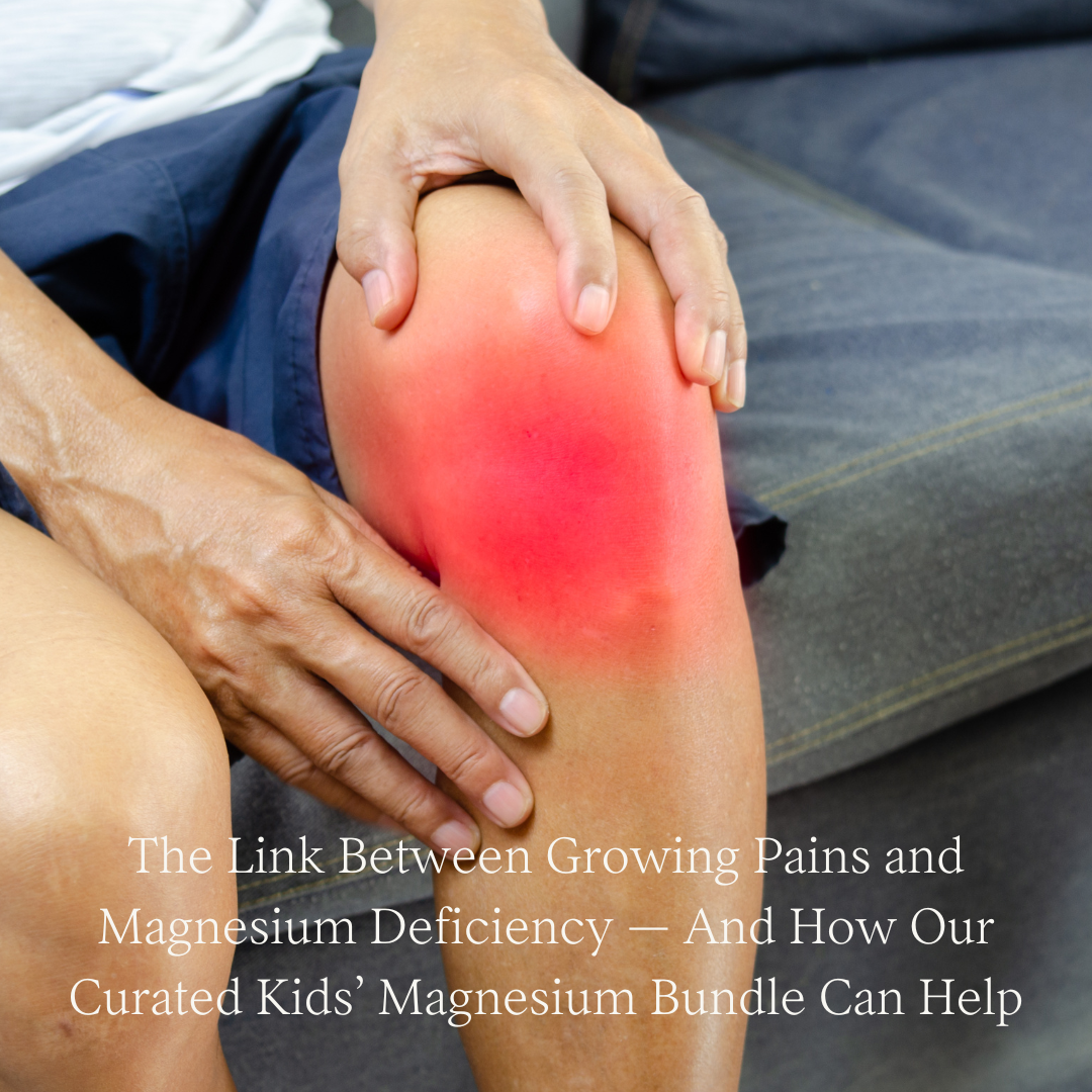 Person holding a painfiul knee and our growing pains and magnesium oil benefits blog title.