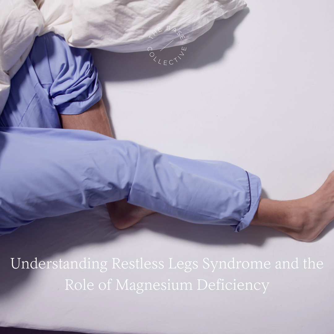 Man on bed with restless legs with text re blog on restless legs and magnesium
