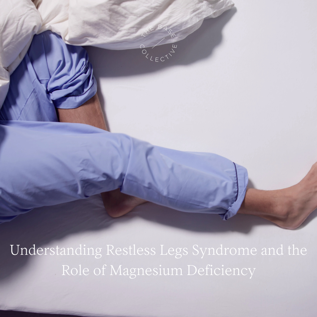 Man on bed with restless legs with text re blog on restless legs and magnesium spray