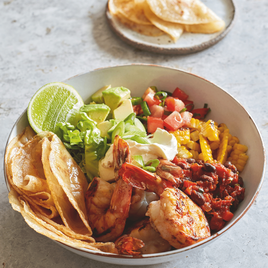 Burrito Bowl with Tarragon Prawns - By Kelly Healey, as published in Eat for Life