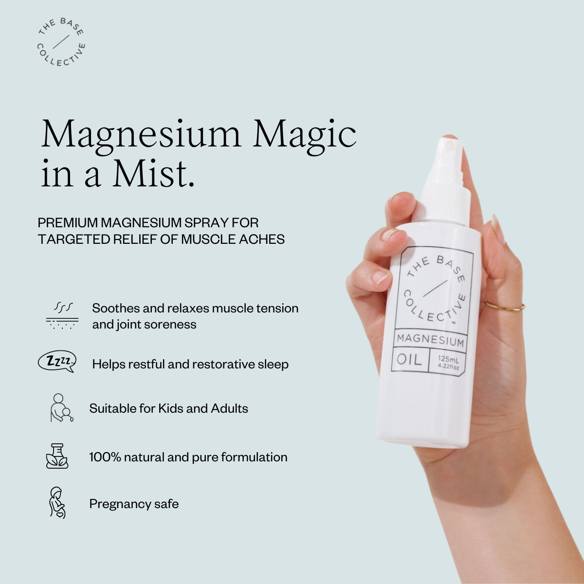 Magnesium Spray in a hand with text beside describing the benefits.