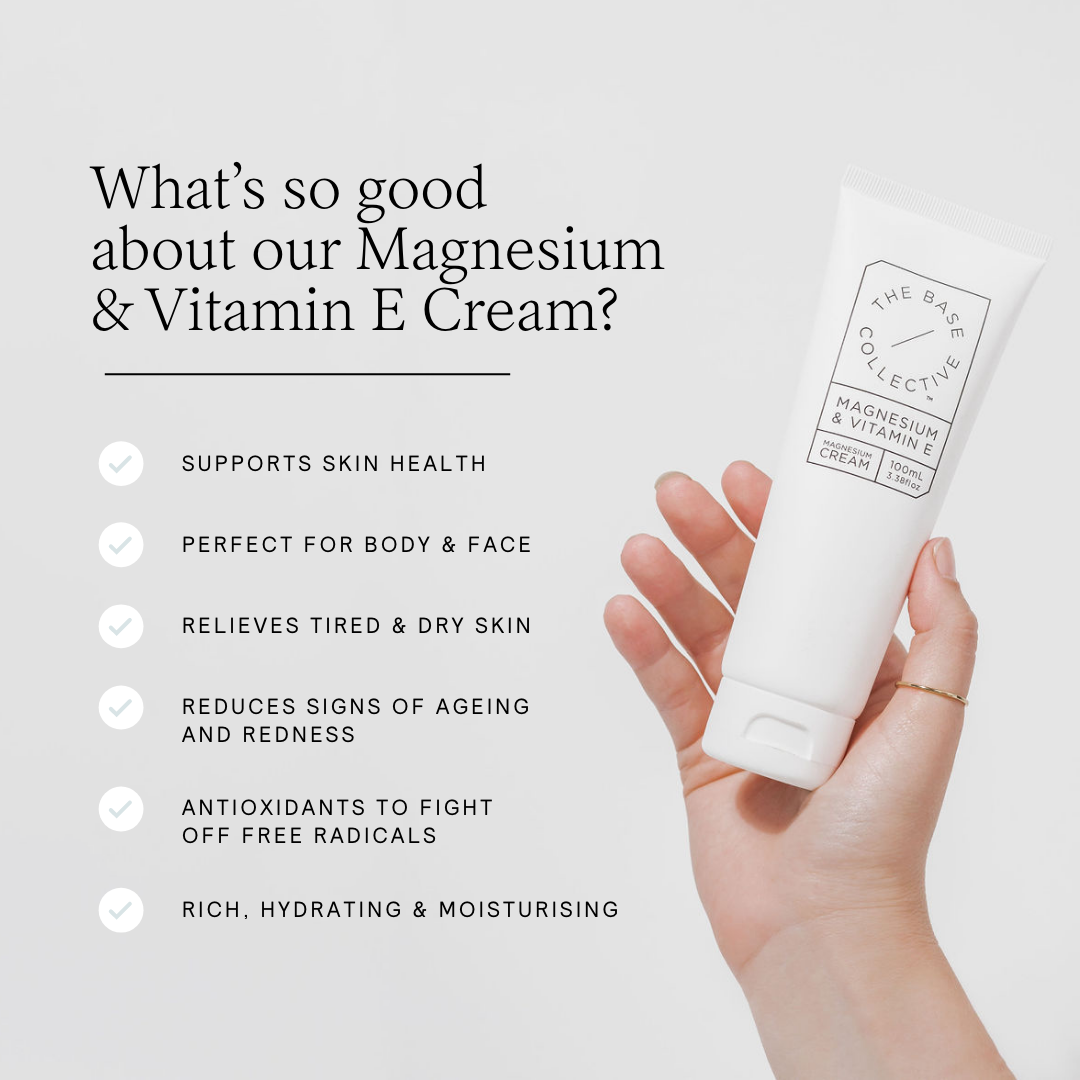 Magnesium Cream with Vitamin E by The Base Collective in hand with text describing benefits of cream