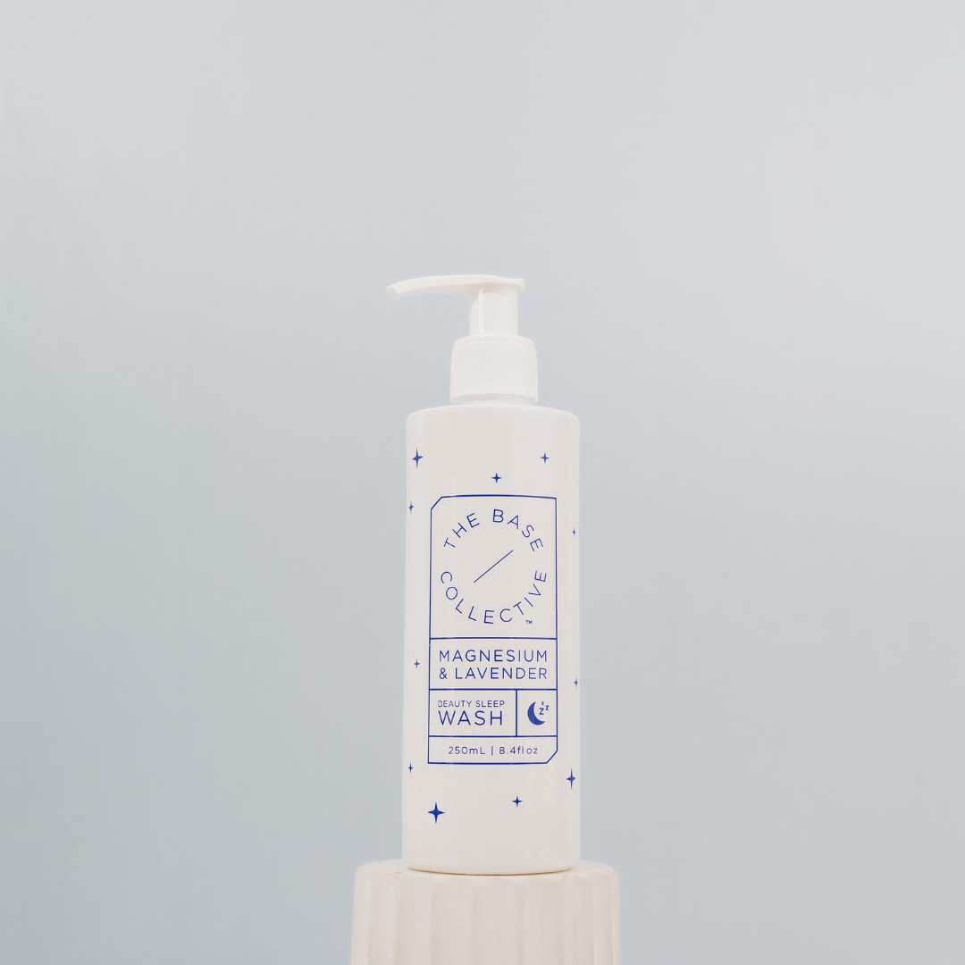Magnesium Body Wash with Lavender and Chamomile, Beauty Sleep Wash by The Base Collective on white pillar