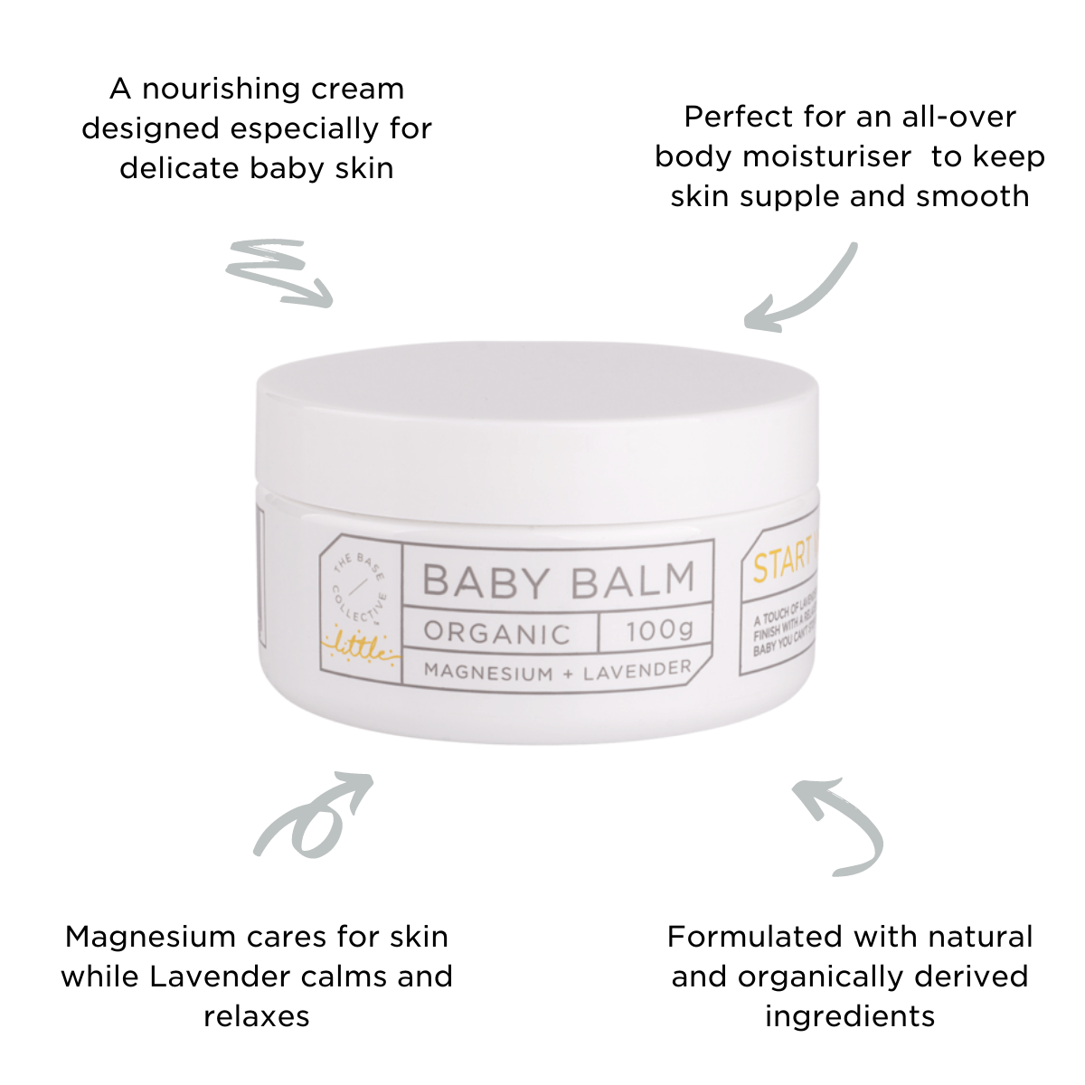 Magnesium for kids sleep balm by The Base Collective on white background with arrows pointing to tub with text describing benefits. 