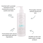 Little by The Base Collective Hair and baby Wash with text describing benefits.  