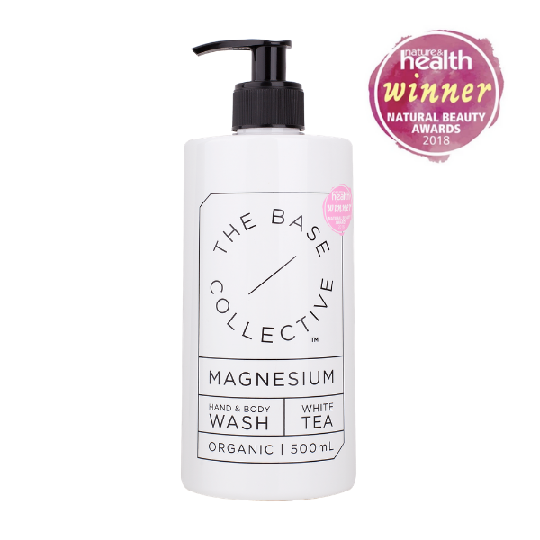 Magnesium body wash with white tea by The Base Collective with winner logo